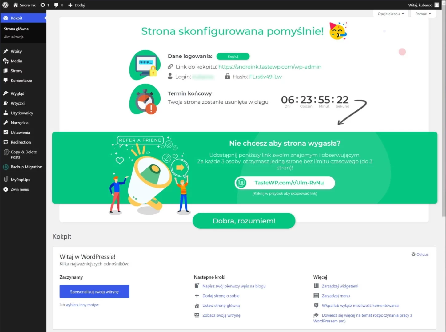 Taste wp dashboard