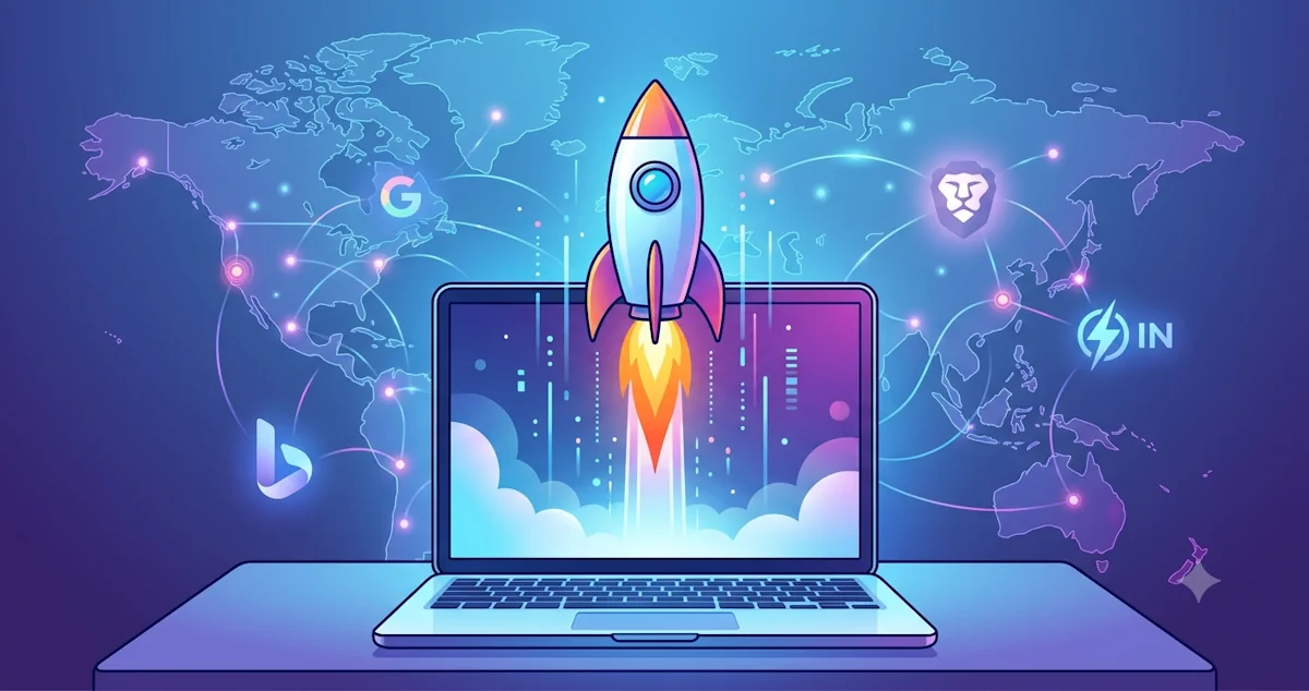 Ilustracja przedstawiająca laptop z startującą rakietą na tle mapy świata i ikon wyszukiwarek Google, Bing, Brave oraz protokołu IndexNow, symbolizująca szybką indeksację stron internetowych